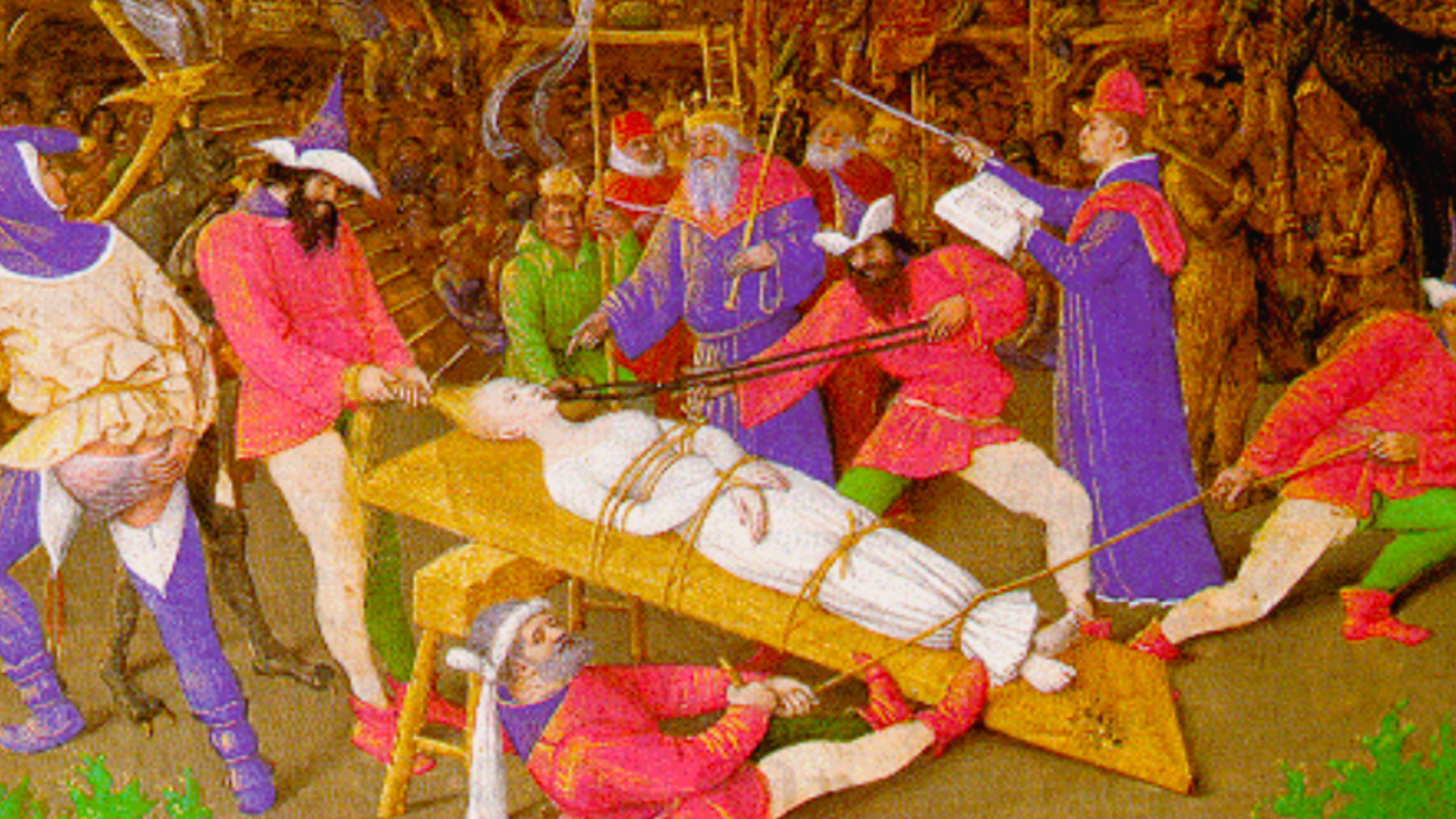Medieval illumination of the martyrdom of Saint Apollonia, tied to a board while a tooth is pulled with pincers before a crowd