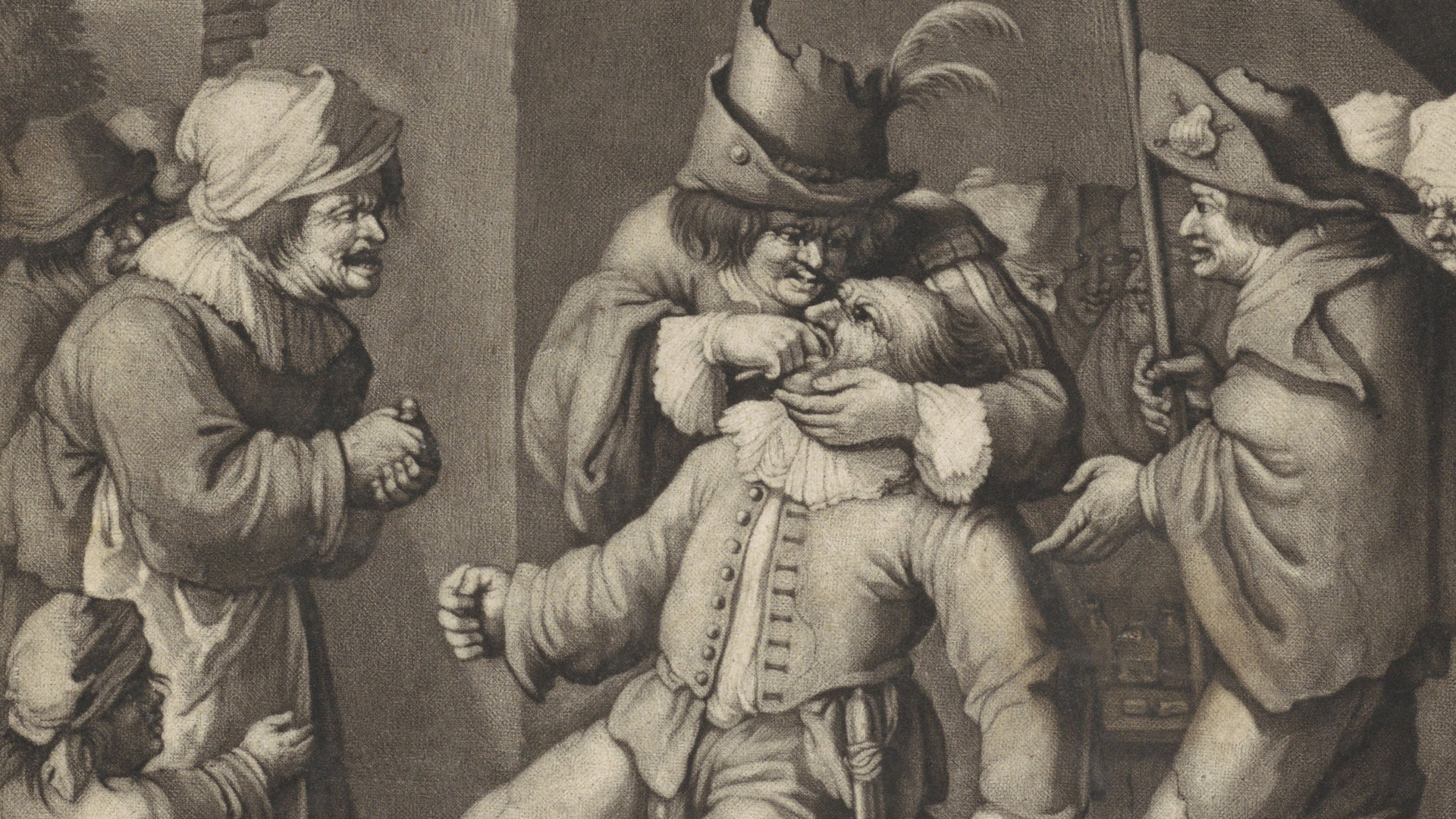 Old engraving of a tooth-drawer extracting a tooth from a seated man surrounded by grimacing onlookers