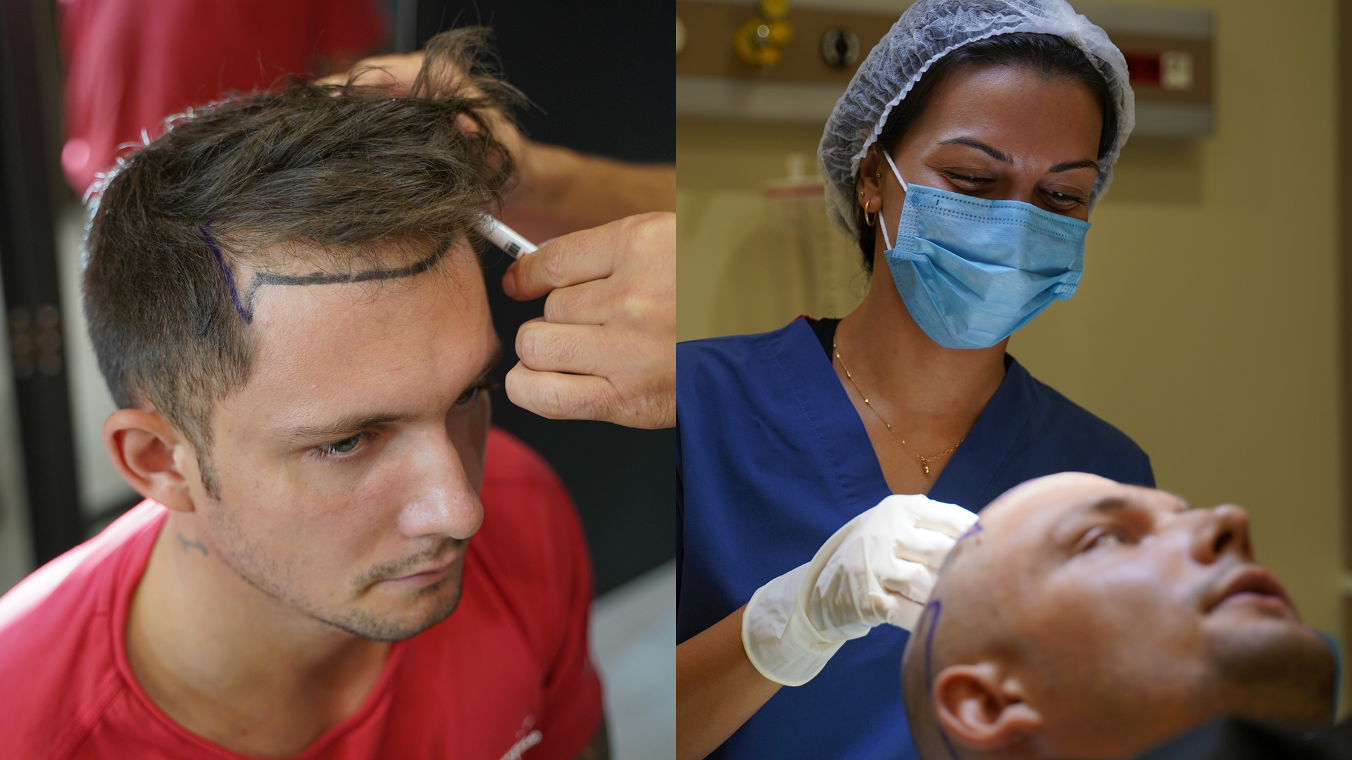 Deux photographies d’examen de la chevelure et de soins en clinique