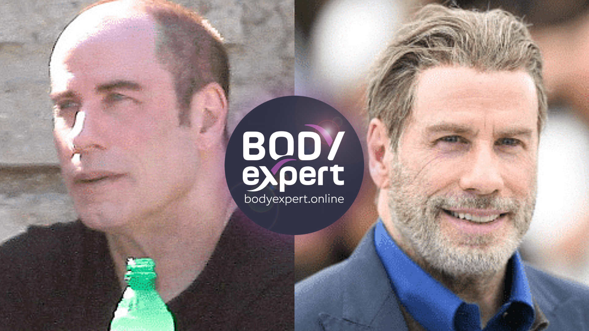 Side-by-side portraits of John Travolta, thinning brown hair and a tired expression on the left, thick hair and a grey beard on the right