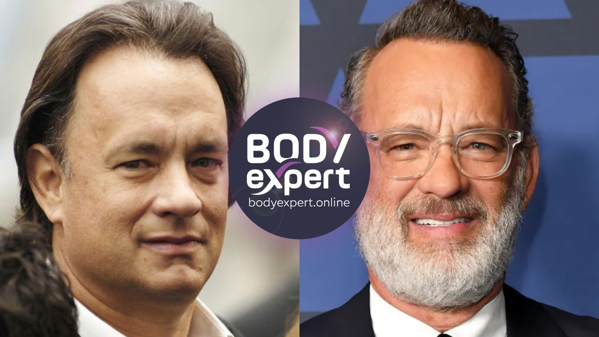 Side-by-side portraits of Tom Hanks, brown hair with a receding hairline on the left, grey hair swept back on the right