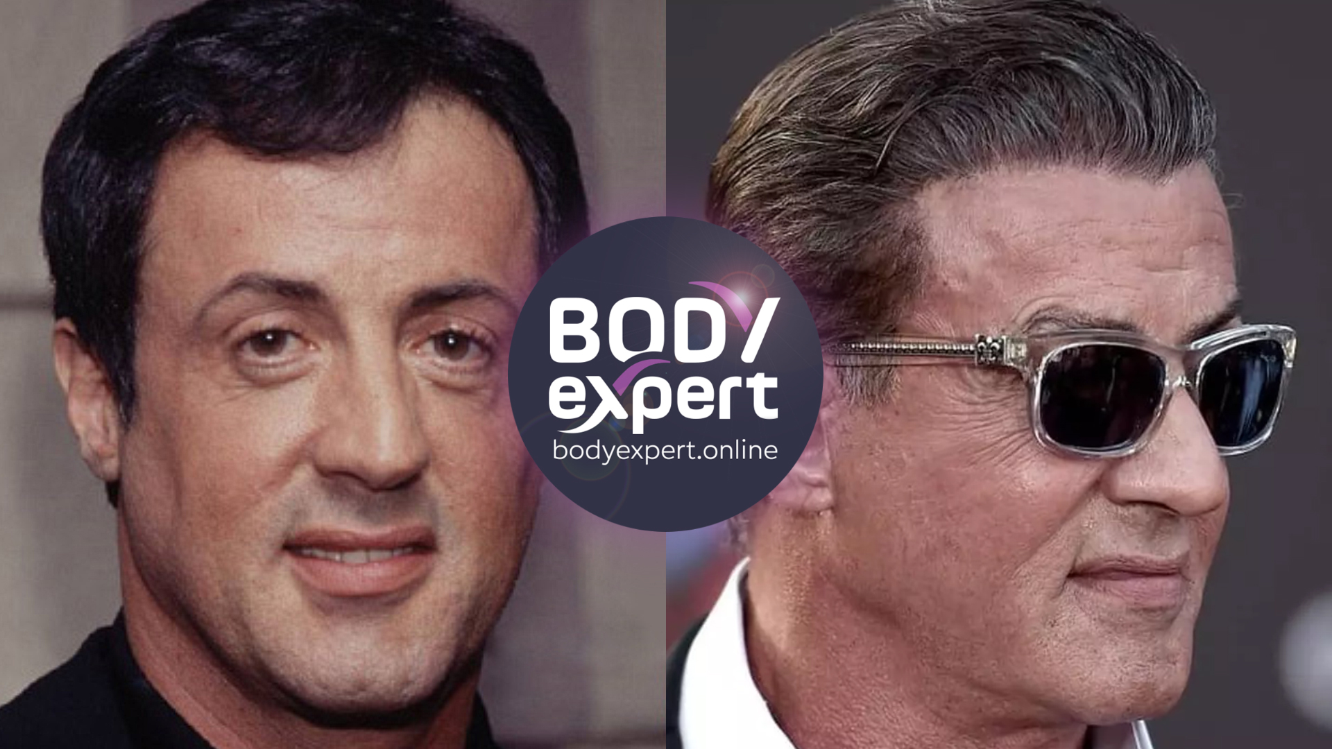 Side-by-side portraits of Sylvester Stallone, dark mid-length hair on the left, shorter hair and sunglasses on the right