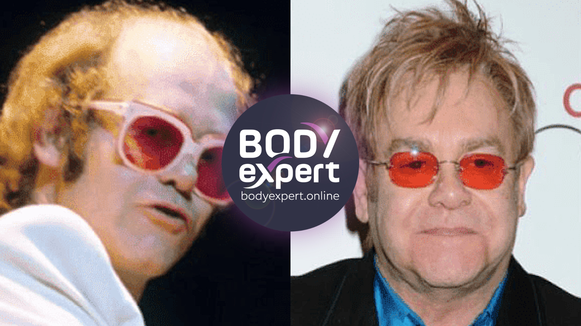 Side-by-side portraits of Elton John, thinning ginger hair and oversized glasses on the left, full dark hair and red glasses on the right