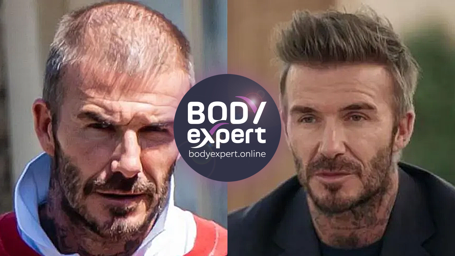 Side-by-side portraits of David Beckham, short hair with visible scalp on the left, dense hair and a groomed beard on the right