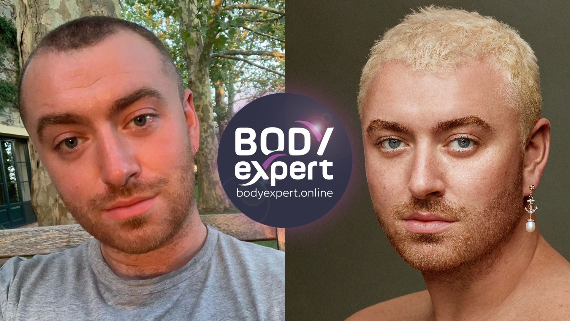 Side-by-side portraits of Sam Smith, short light brown hair on the left, bleached platinum blond hair on the right
