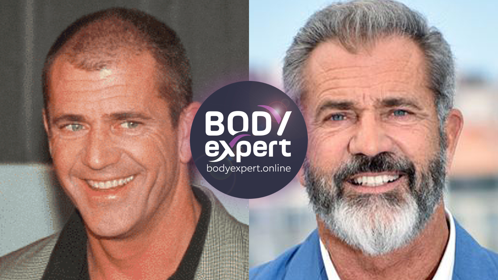 Side-by-side portraits of Mel Gibson, dark hair with deep temporal recession on the left, grey swept-back hair and a white beard on the right