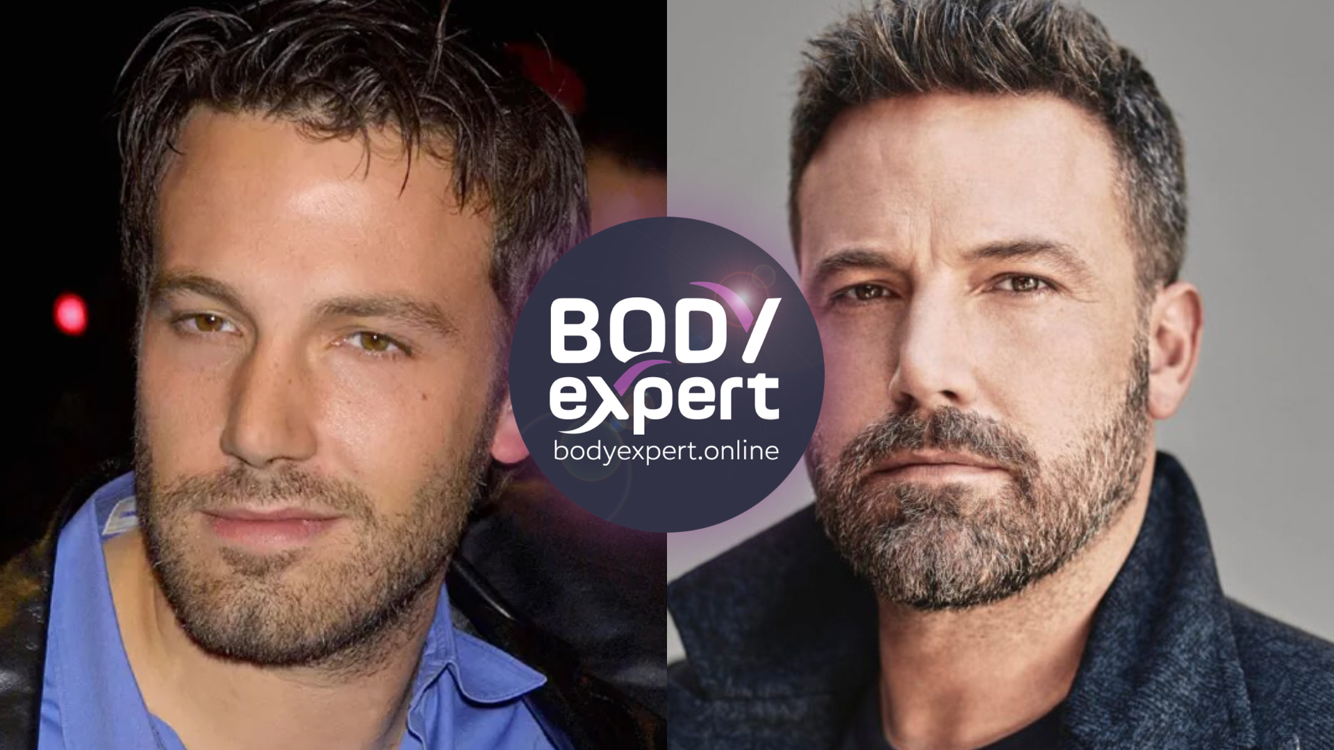 Side-by-side portraits of Ben Affleck, tousled dark hair on the left, a neat cut and a greying beard on the right