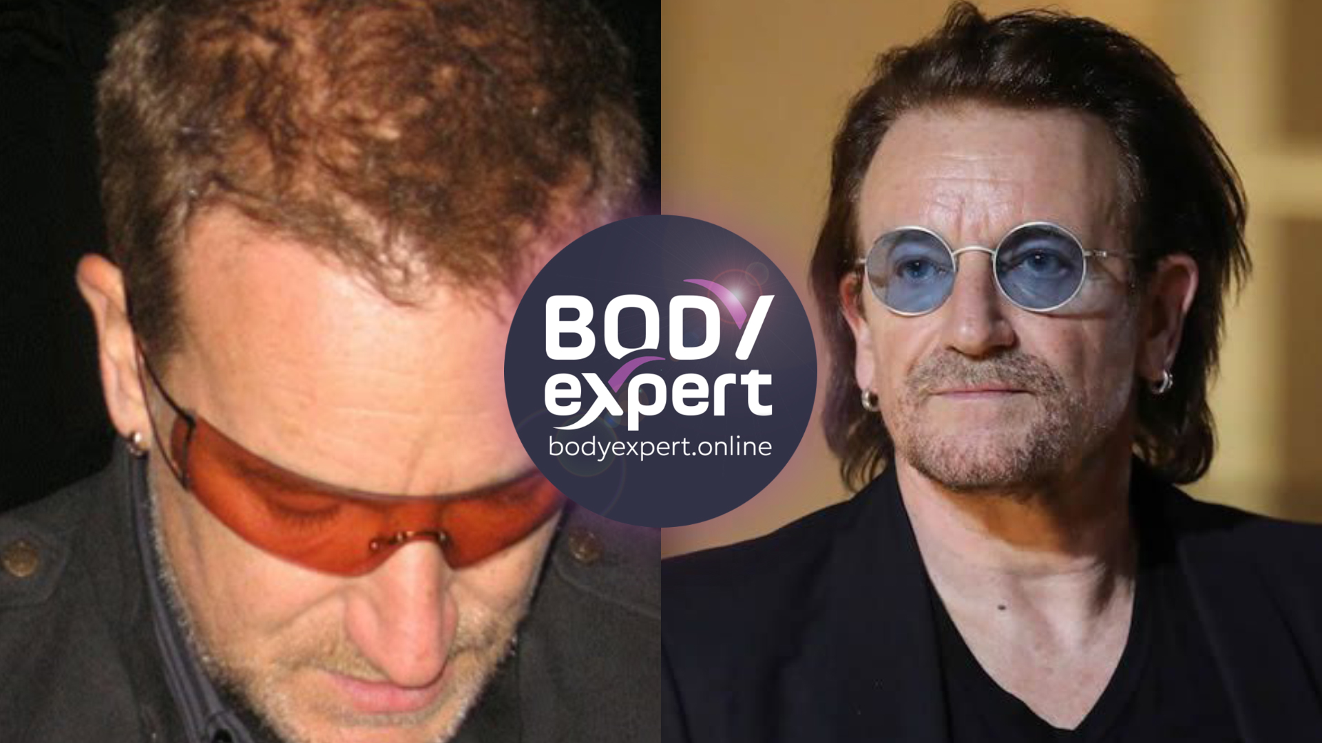 Side-by-side portraits of Bono, curly dark hair and orange-tinted glasses on the left, longer hair and round glasses on the right