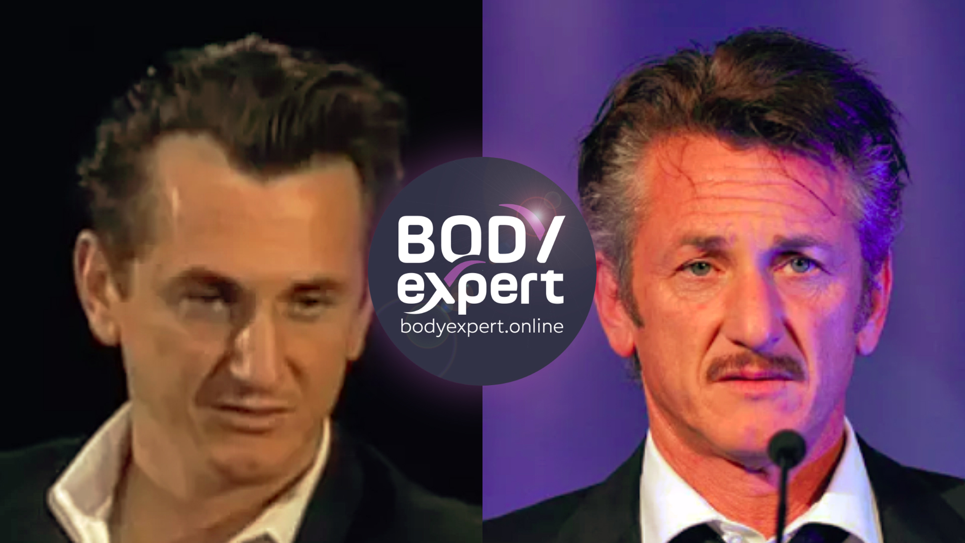 Side-by-side portraits of Sean Penn, receding fair hair on the left, fuller darker hair under stage lighting on the right