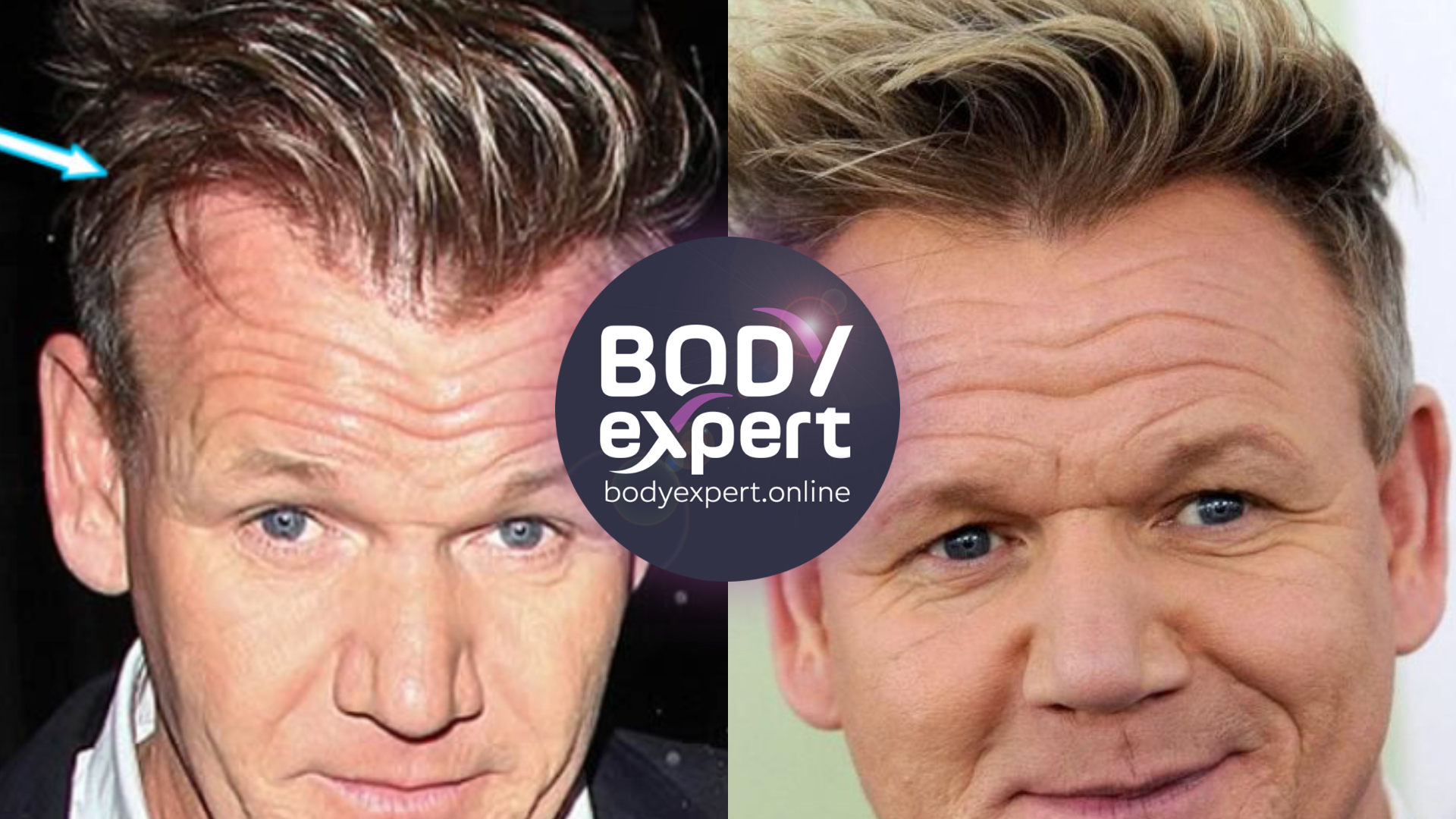 Side-by-side portraits of Gordon Ramsay, fair hair with a receding hairline on the left, thicker styled hair on the right