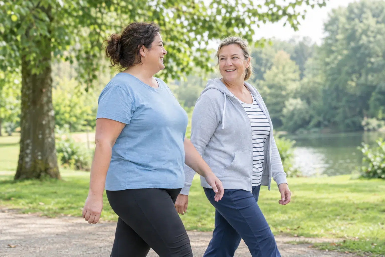 Two smiling women walk side by side along a path in a leafy park beside a body of water.