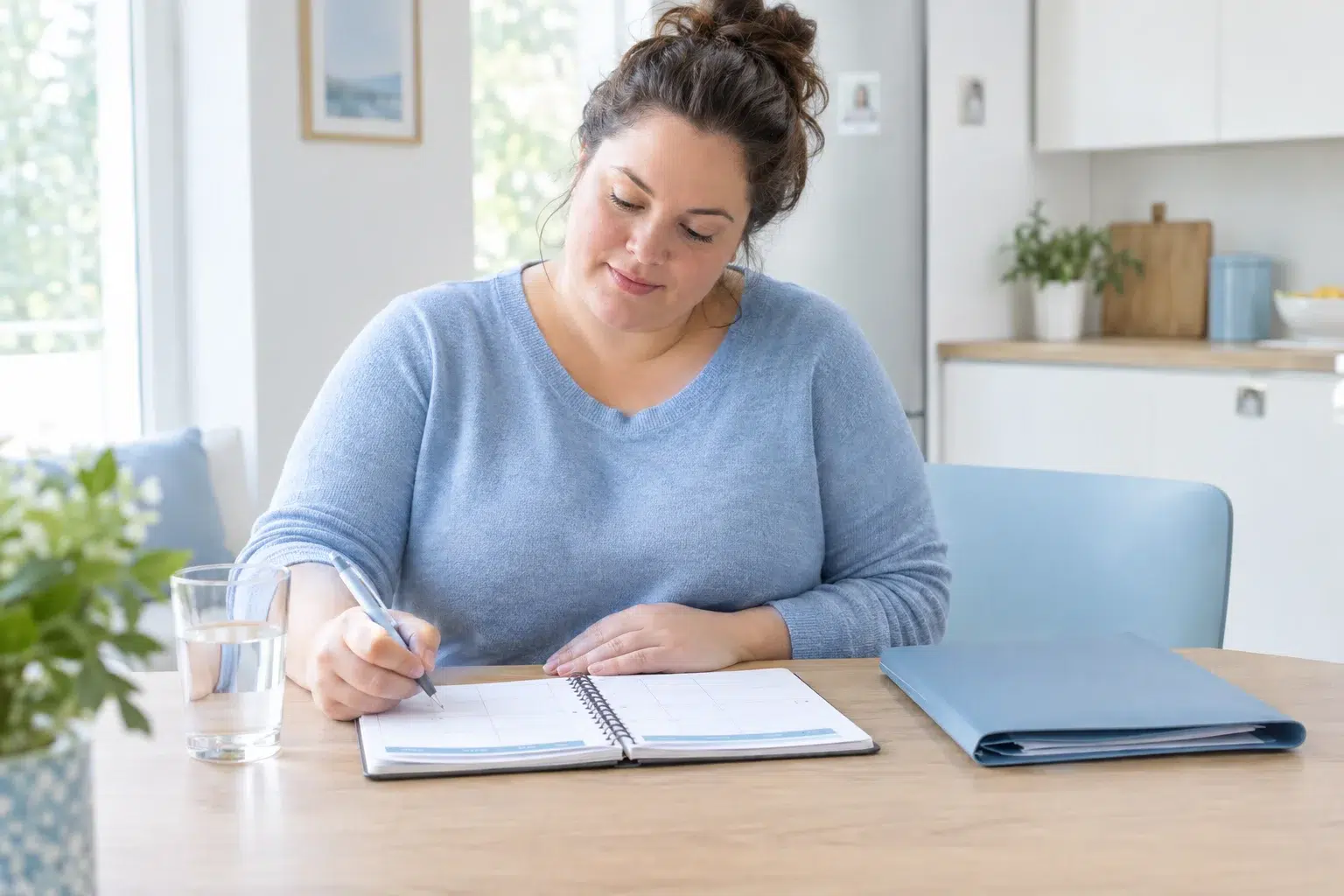 A woman writes in an open planner at a table, with a glass of water and a blue binder beside her.