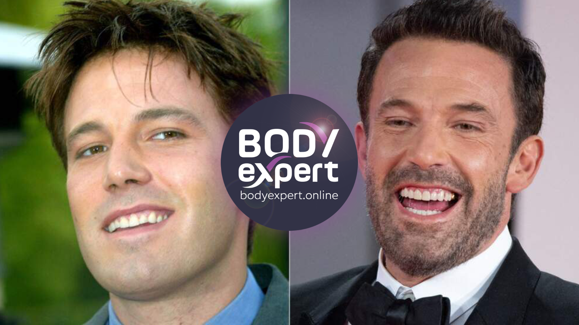 Ben Affleck jeune acteur à côté d’un portrait récent, barbe taillée et nœud papillon