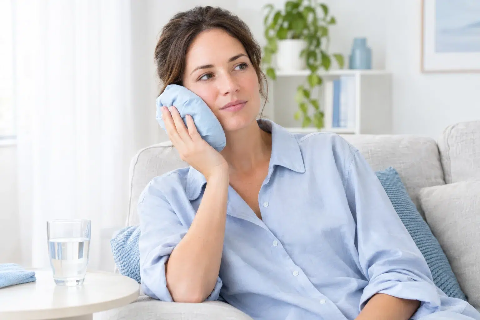 Repos à domicile avec une compresse froide enveloppée contre la joue