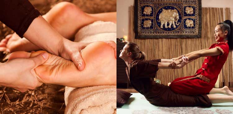 Two views side by side: a close-up of a foot massage, and a therapist in a red uniform performing a traditional Thai stretch