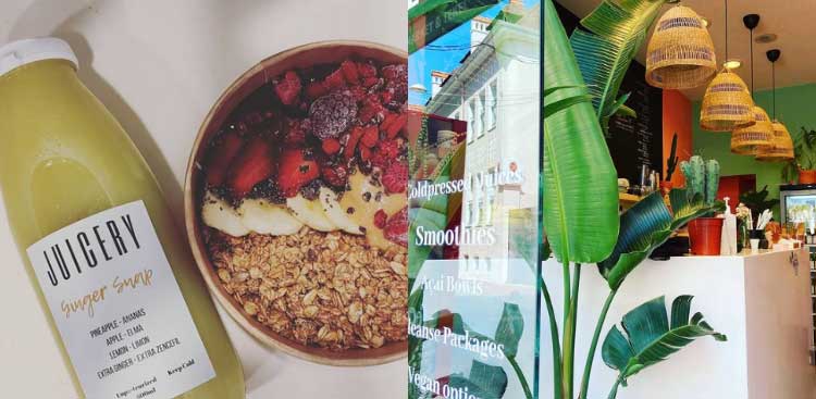 Three views side by side: a bottle of green Juicery juice, an açai bowl with red fruit and granola, and the counter of the juice bar with its rattan pendant lights and plants