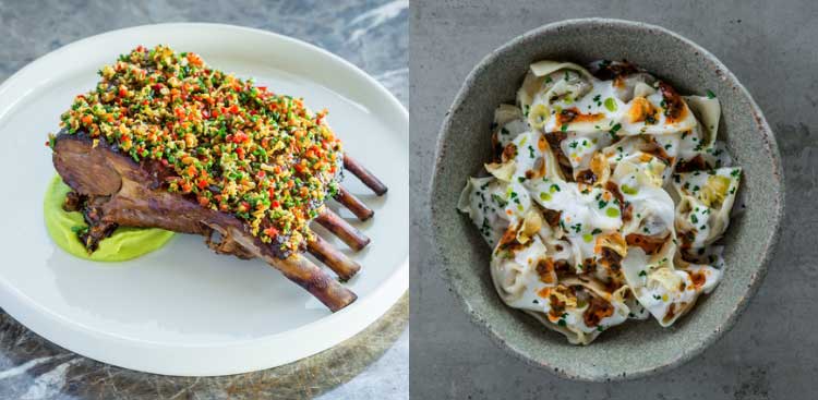 Two plated dishes side by side: a rack of lamb in a herb and nut crust on a green purée, and a bowl of mantı with yoghurt and chilli butter