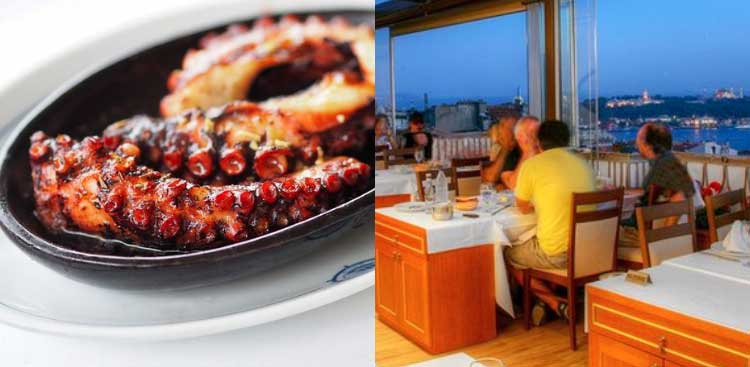 Two views side by side: grilled octopus served in a cast-iron dish, and a dining room with its bay windows open onto the Bosphorus at nightfall