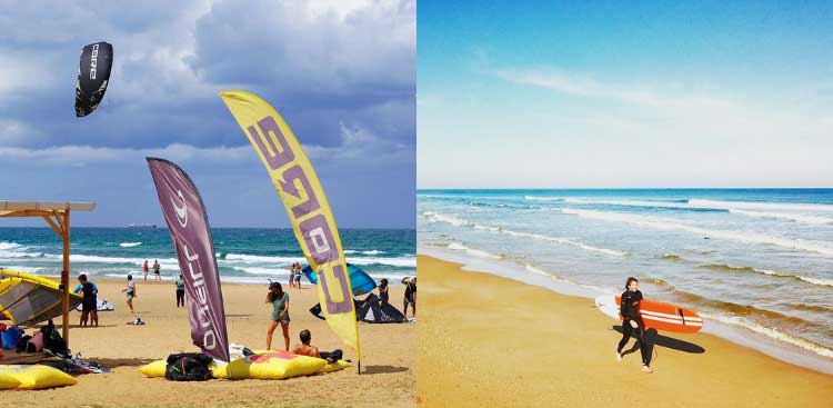 Two views side by side: a kitesurfing beach with its sails and branded flags, and a surfer carrying an orange board along the shore