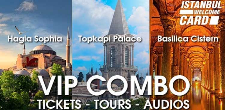 An Istanbul Welcome Card banner advertising a VIP Combo of tickets, tours and audio guides, illustrated with Hagia Sophia, Topkapi Palace and the Basilica Cistern
