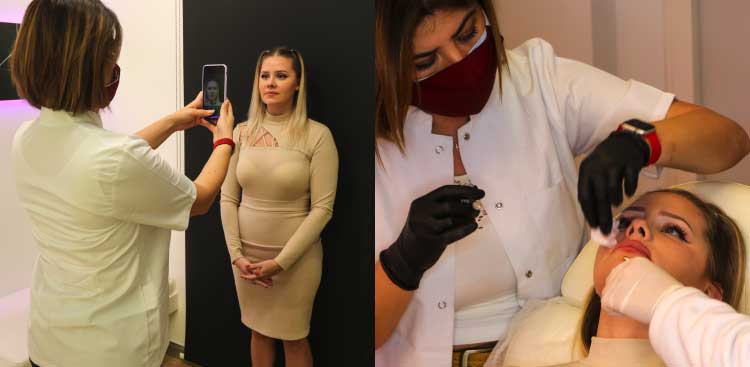 Diptych: a practitioner in a white coat photographing Kay with a phone as she stands against a dark background, then a practitioner in black gloves working on her face as she lies in the chair