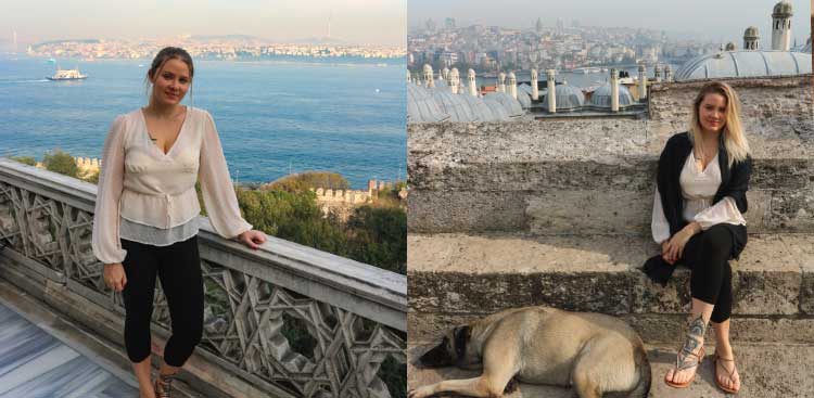Diptych: Kay leaning on a stone balustrade facing the Bosphorus and a ferry, then sitting on stone steps near the domes of a mosque, beside a sleeping street dog