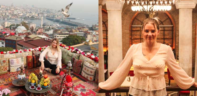 Diptych: Kay sitting on a rooftop terrace strewn with kilim cushions, with tea, fruit and a view over the Golden Horn, then standing beneath the brick arches and chandeliers of a restaurant