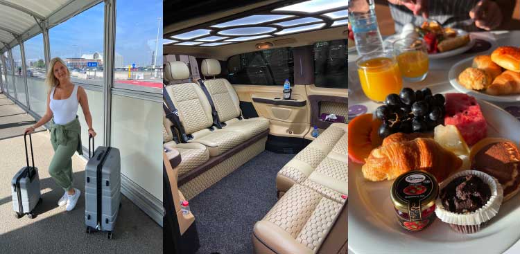 Montage of three photos from the stay: Marie with her suitcases at the airport, the inside of a transfer van, and a plated breakfast