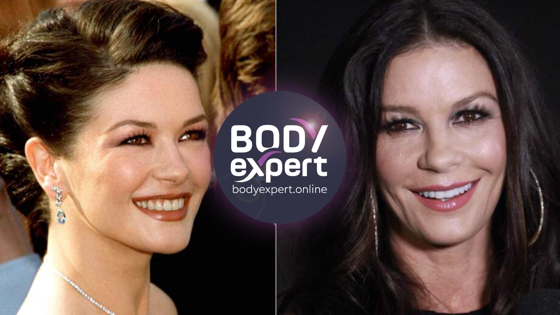 Catherine Zeta-Jones jeune, cheveux relevés, à côté d’un portrait récent brune souriante