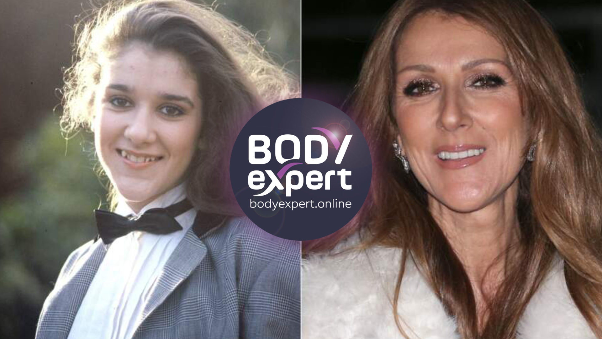 Céline Dion jeune, en smoking et nœud papillon, à côté d’un portrait récent de la chanteuse souriante