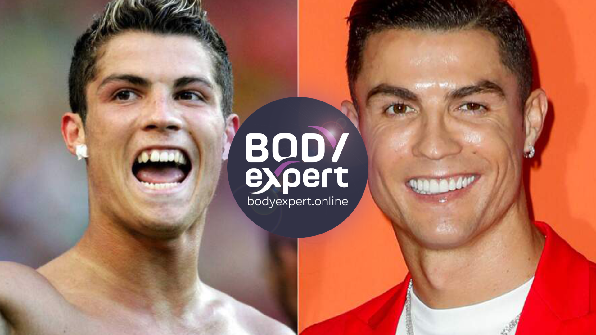 Cristiano Ronaldo criant sur un terrain à côté d’un portrait récent souriant, veste rouge