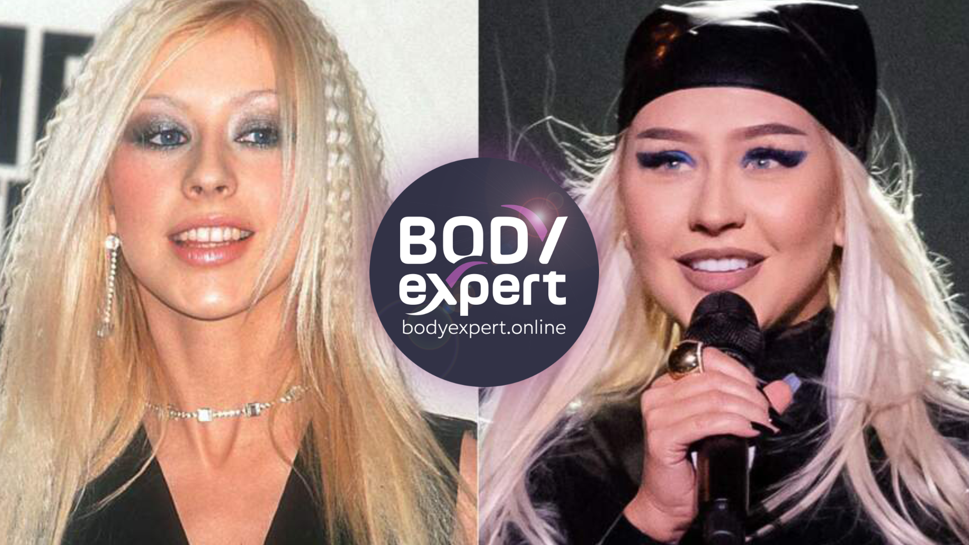 Christina Aguilera blonde sur l’image ancienne, puis cheveux roses et micro à la main