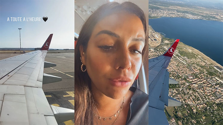 Travel triptych: the wing of a Turkish Airlines aircraft on the tarmac with the caption ‘See you shortly’, a selfie in the cabin, and an aerial view of a coastline through the window