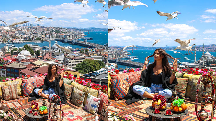 Rooftop terrace strewn with kilim cushions, tea and baskets of fruit, looking out over the Golden Horn, the Galata Bridge and seagulls in flight