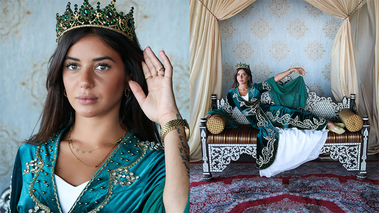 Julie Bertin in an embroidered green velvet kaftan and a crown set with green stones, first in portrait and then lying on an Ottoman bench inlaid with mother-of-pearl