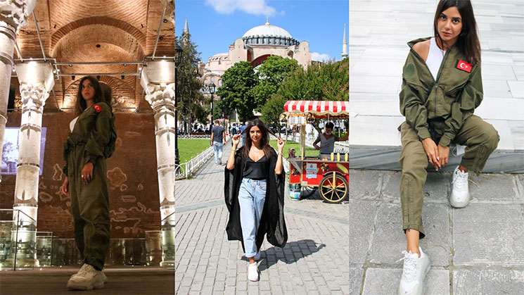 Triptych of visits around Istanbul: beneath the brick vaults and columns of the Basilica Cistern, in front of Hagia Sophia beside a red street vendor’s cart, then sitting on steps in a khaki jumpsuit bearing a Turkish badge