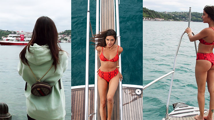 Triptych on the Bosphorus: a passer-by in a mint sweatshirt watching a ferry, then Julie Bertin in a red swimsuit on the deck of a boat and on its bathing platform