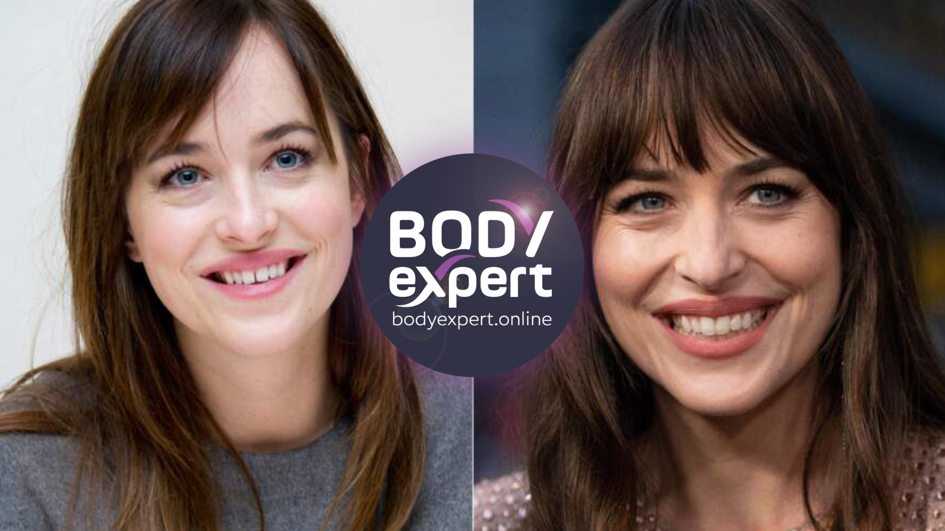Deux portraits de Dakota Johnson, frange brune sur les deux images, sourires comparés