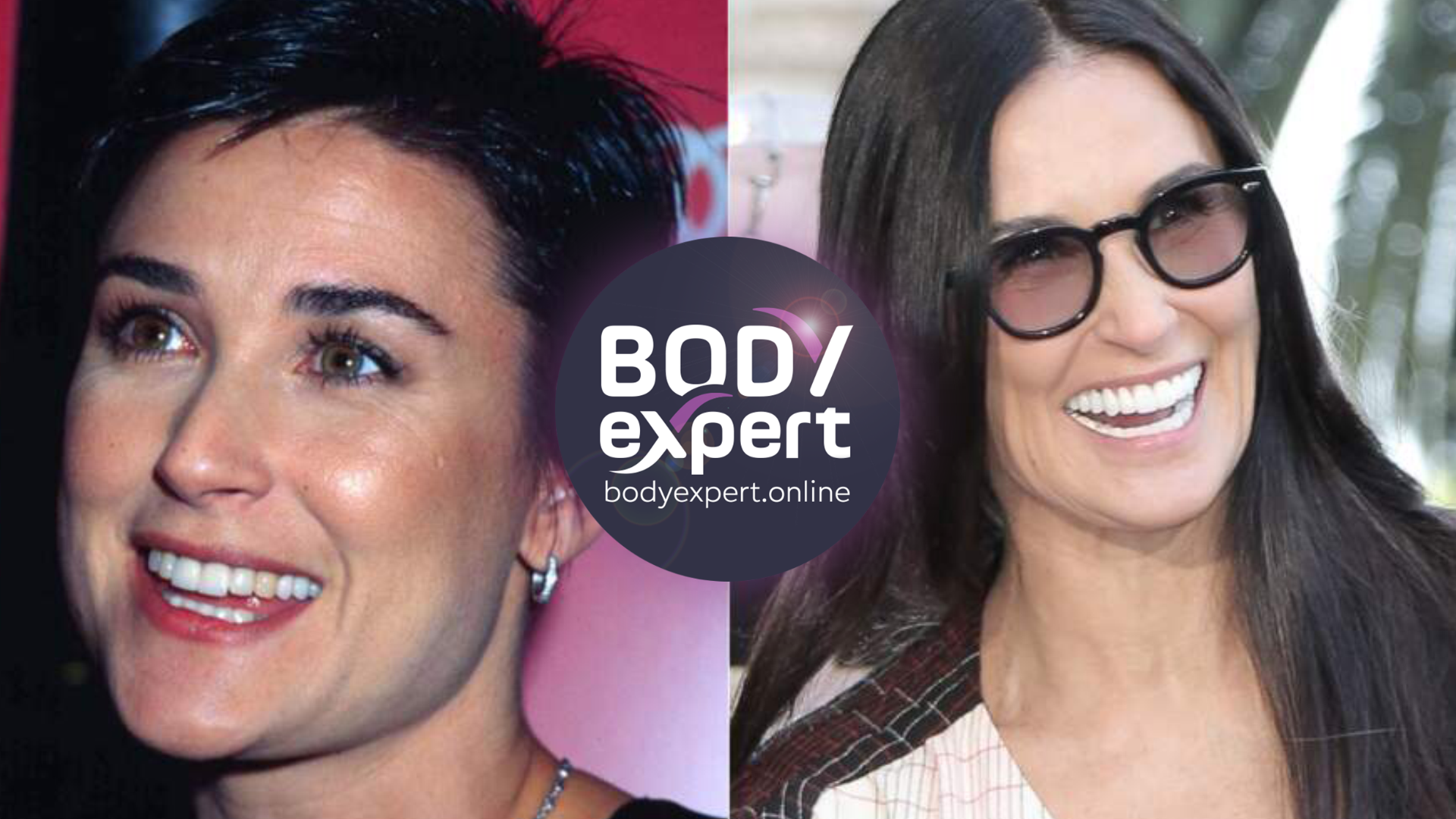 Demi Moore cheveux courts et bruns sur l’image ancienne, portrait récent avec lunettes de soleil