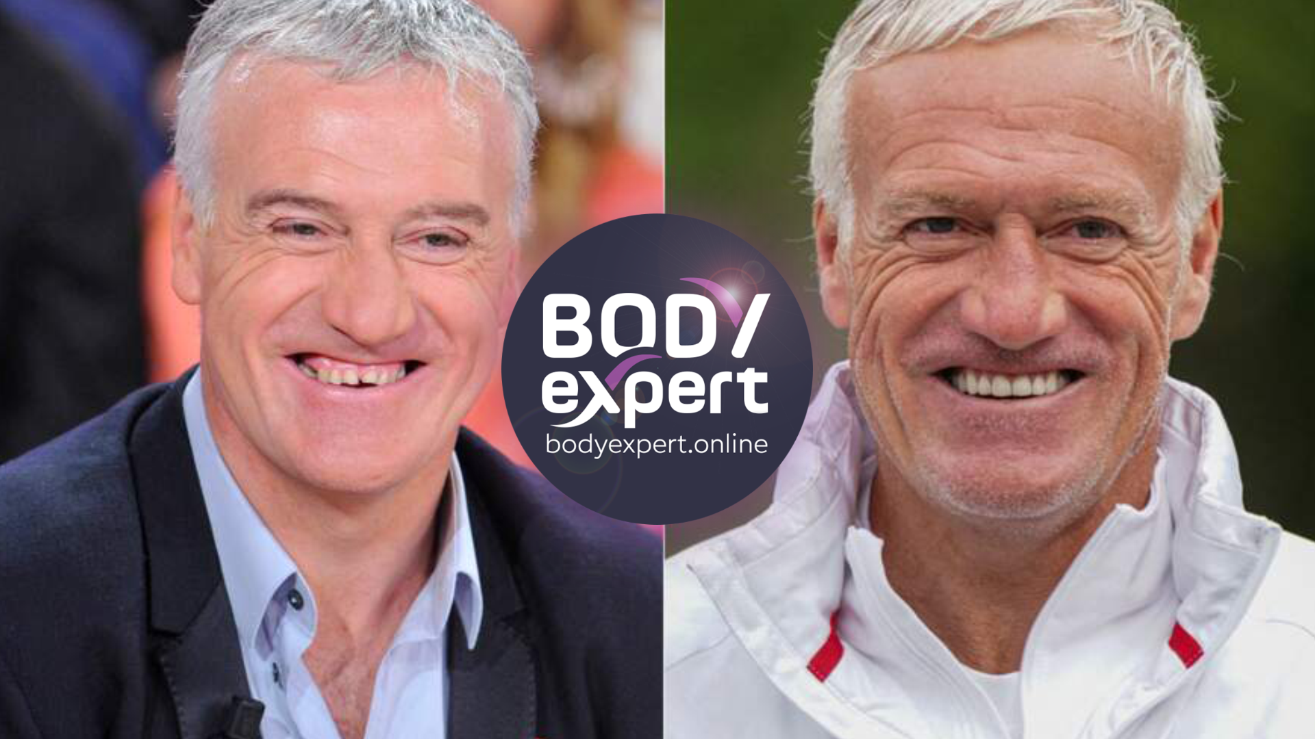 Deux portraits de Didier Deschamps, chemise bleue et cheveux gris sur l’image ancienne, cheveux blancs et veste de sport sur l’image récente