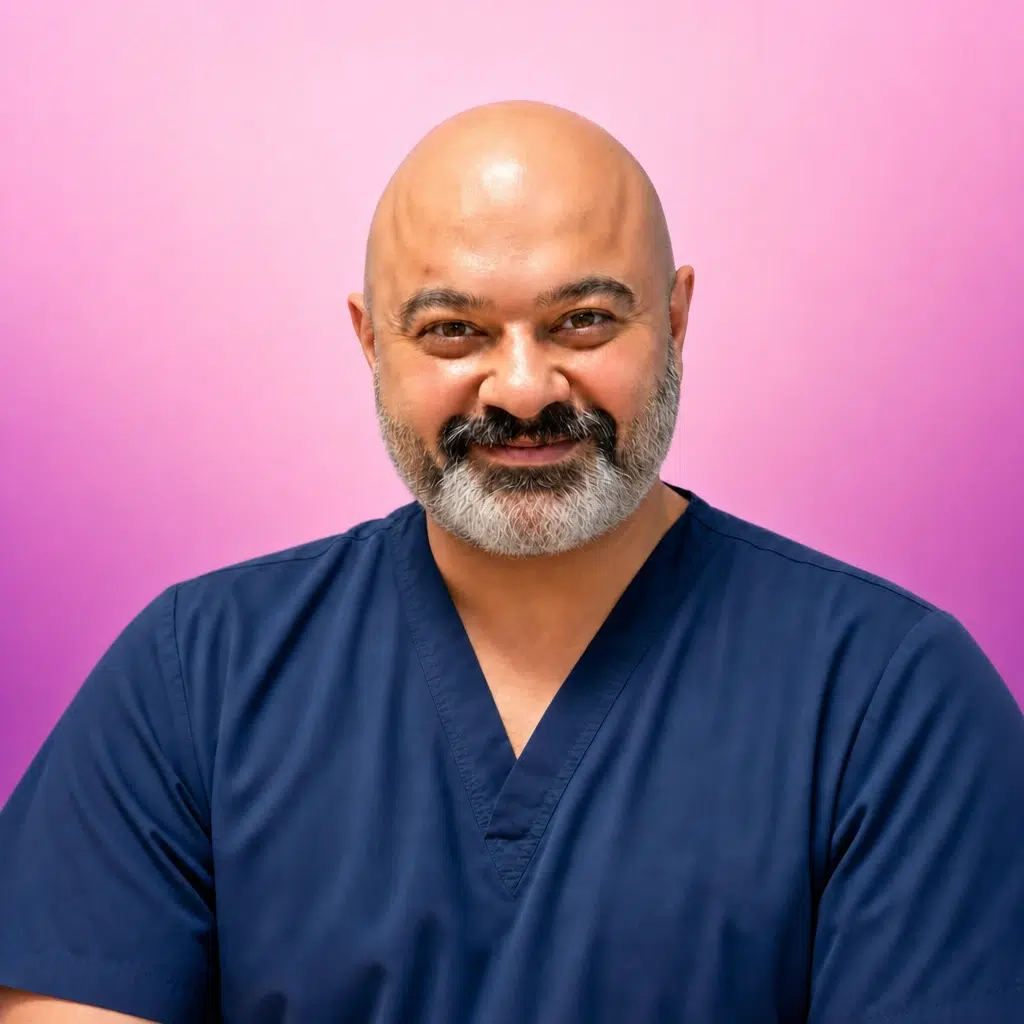 Dr Tamer Şakrak en tenue médicale sur fond rose clair