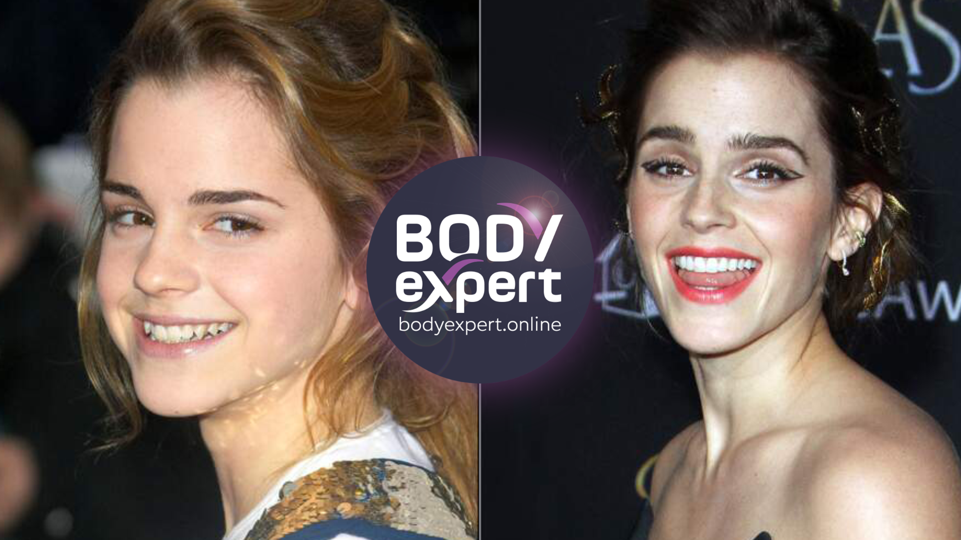 Emma Watson adolescente sur l’image ancienne, portrait récent en robe sombre sur tapis rouge