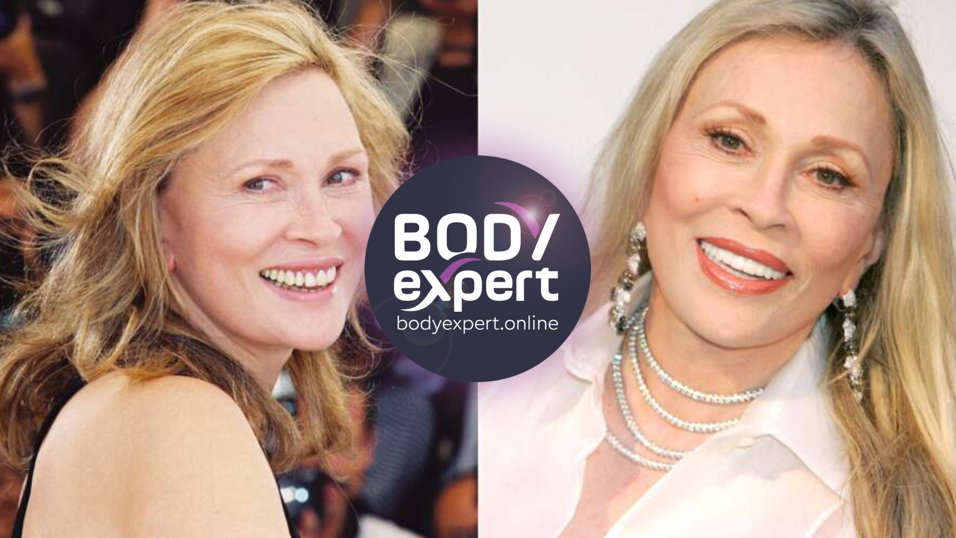 Faye Dunaway jeune actrice blonde à côté d’un portrait plus tardif, collier de perles
