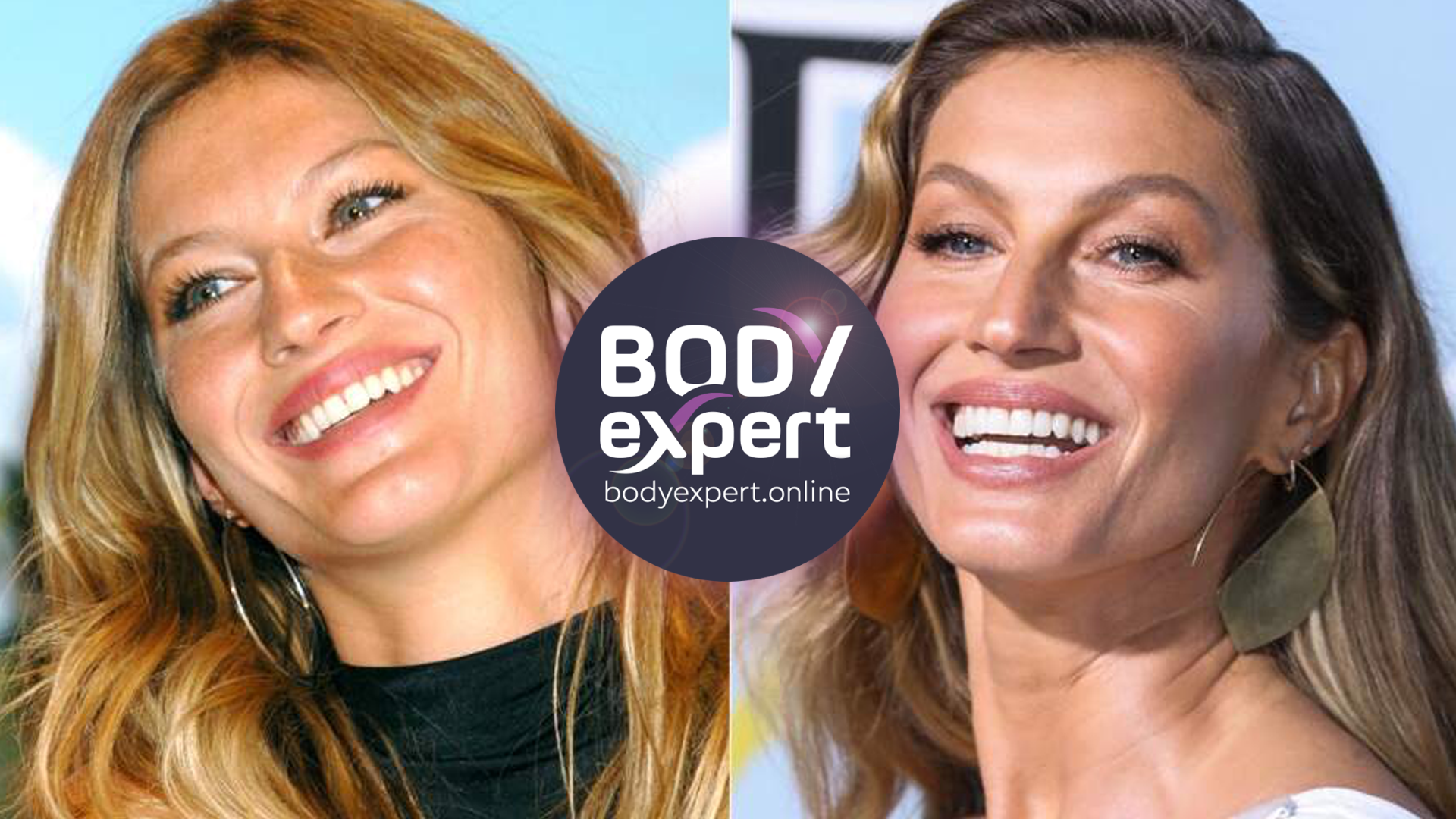 Deux portraits de Gisele Bündchen souriante, cheveux blonds sur les deux images