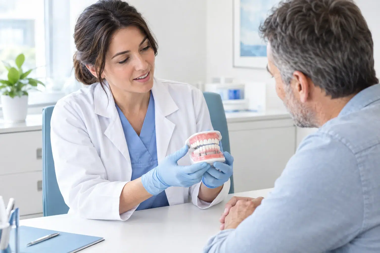 Showing an arch model during a prosthetic consultation