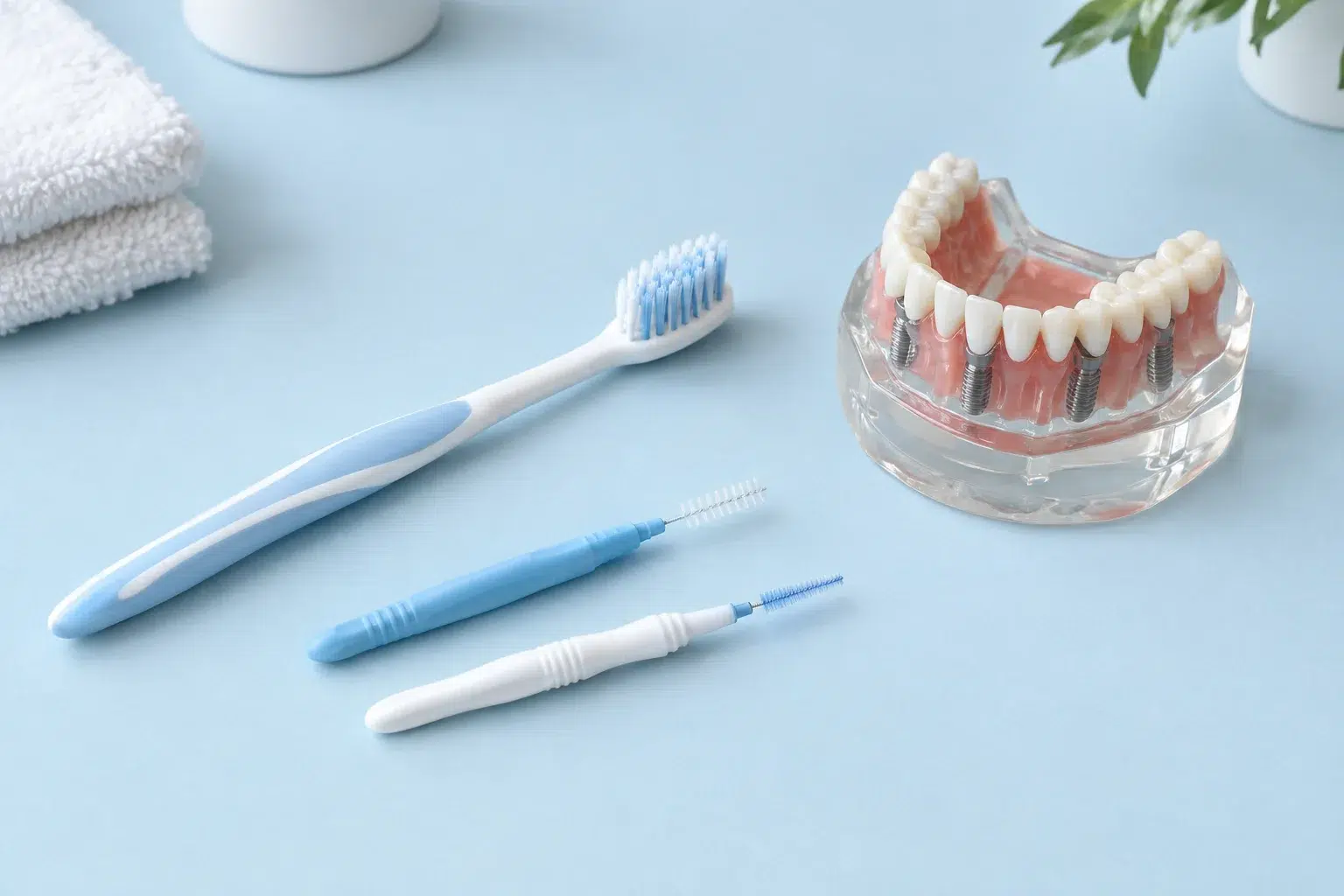 Oral hygiene tools shown beside a dental model