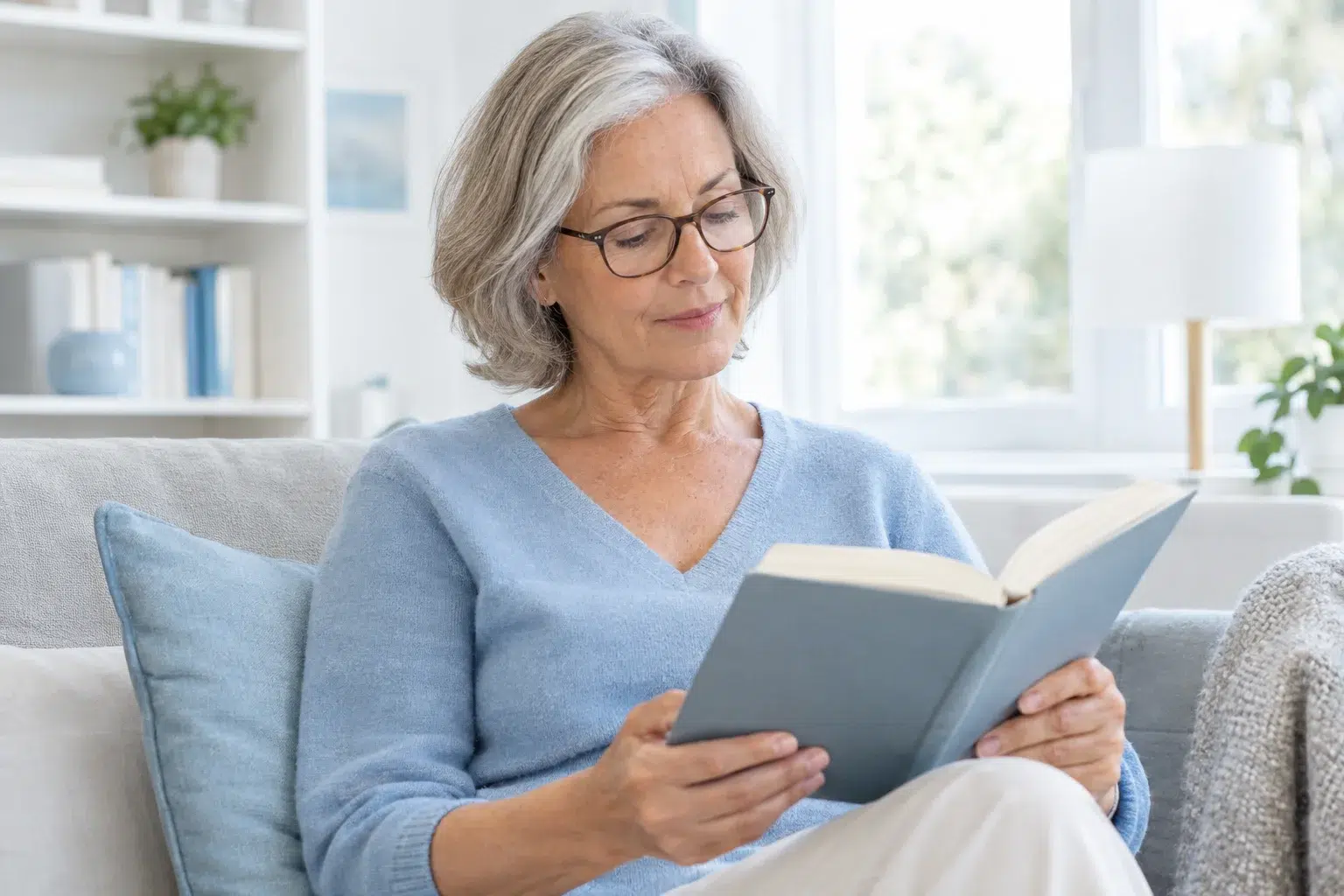 Reading in a well-lit room with suitable correction