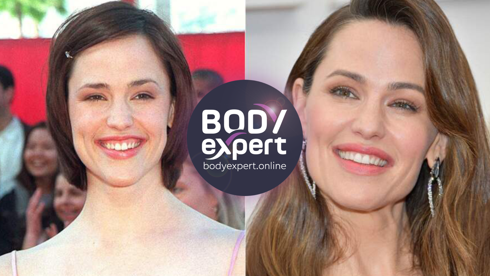 Jennifer Garner jeune actrice brune à côté d’un portrait récent, sourire large sur les deux images