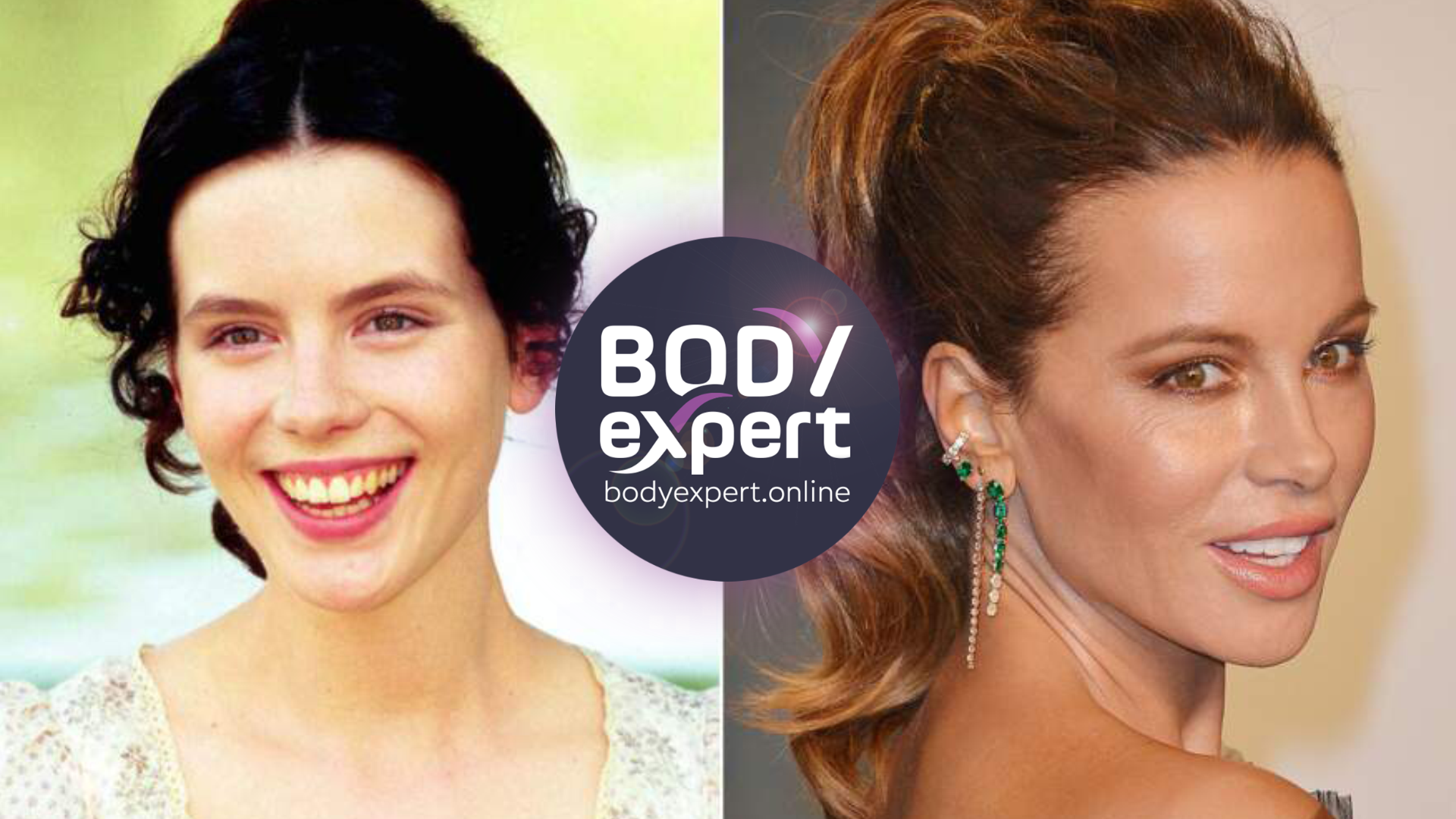 Kate Beckinsale jeune, cheveux relevés, à côté d’un portrait récent aux cheveux longs