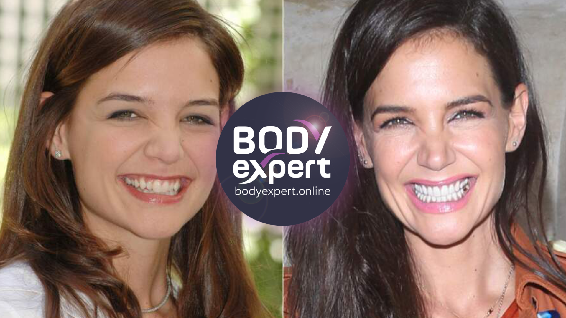 Deux portraits de Katie Holmes souriante, brune sur les deux images, à des époques différentes